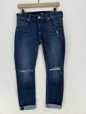 Hudson Bacara Crop Straight Cuffed Distressed Jeans Womens 28 Dark Wash